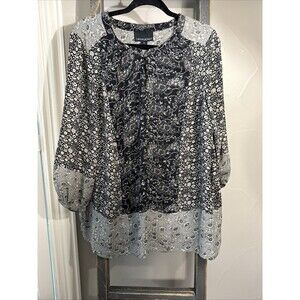 Cynthia Rowley Gray Black  3/4 Sleeve Relaxed Boho 1x Plus Blouse